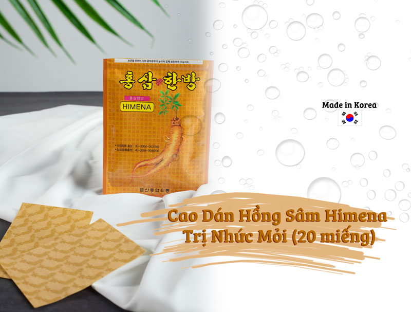 Cao Dán Hồng Sâm Himena Trị Nhức Mỏi với 1 lớp bề mặt với chiết xuất hồng sâm thấm trực tiếp vào da trị đau cơ và đau nhức toàn thân.