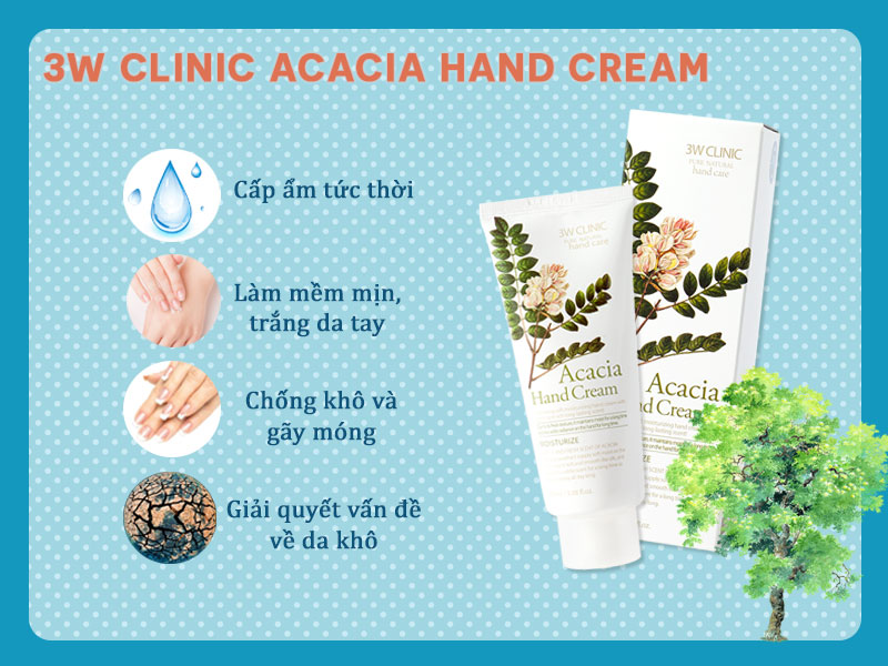 Dưỡng Da Tay Chiết Xuất Cây Keo 3W Clinic chứa chiết xuất thảo mộc Acacia, bơ hạt mỡ giúp cung cấp độ ẩm cho da, đồng thời nuôi dưỡng da từ sâu bên trong...