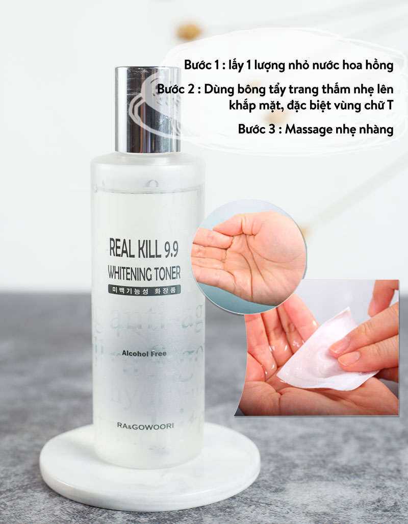 Nước Hoa Hồng Dưỡng Trắng Da Ra&Gowoori Real Kill 9.9 Whitening Toner là loại ... Không chứa cồn, không làm mất độ ẩm tự nhiên ... Dung tích, 200ml.